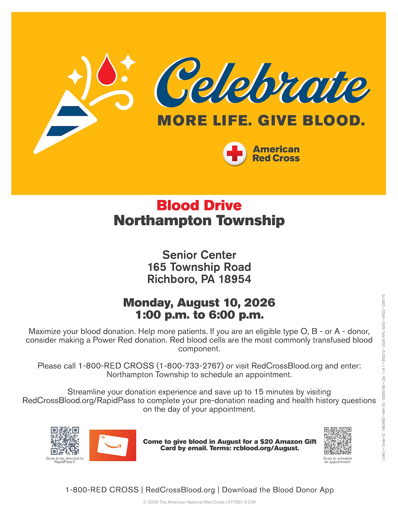 Northampton Township Blood Drive-Monday, August 10th-1:00-6:00PM