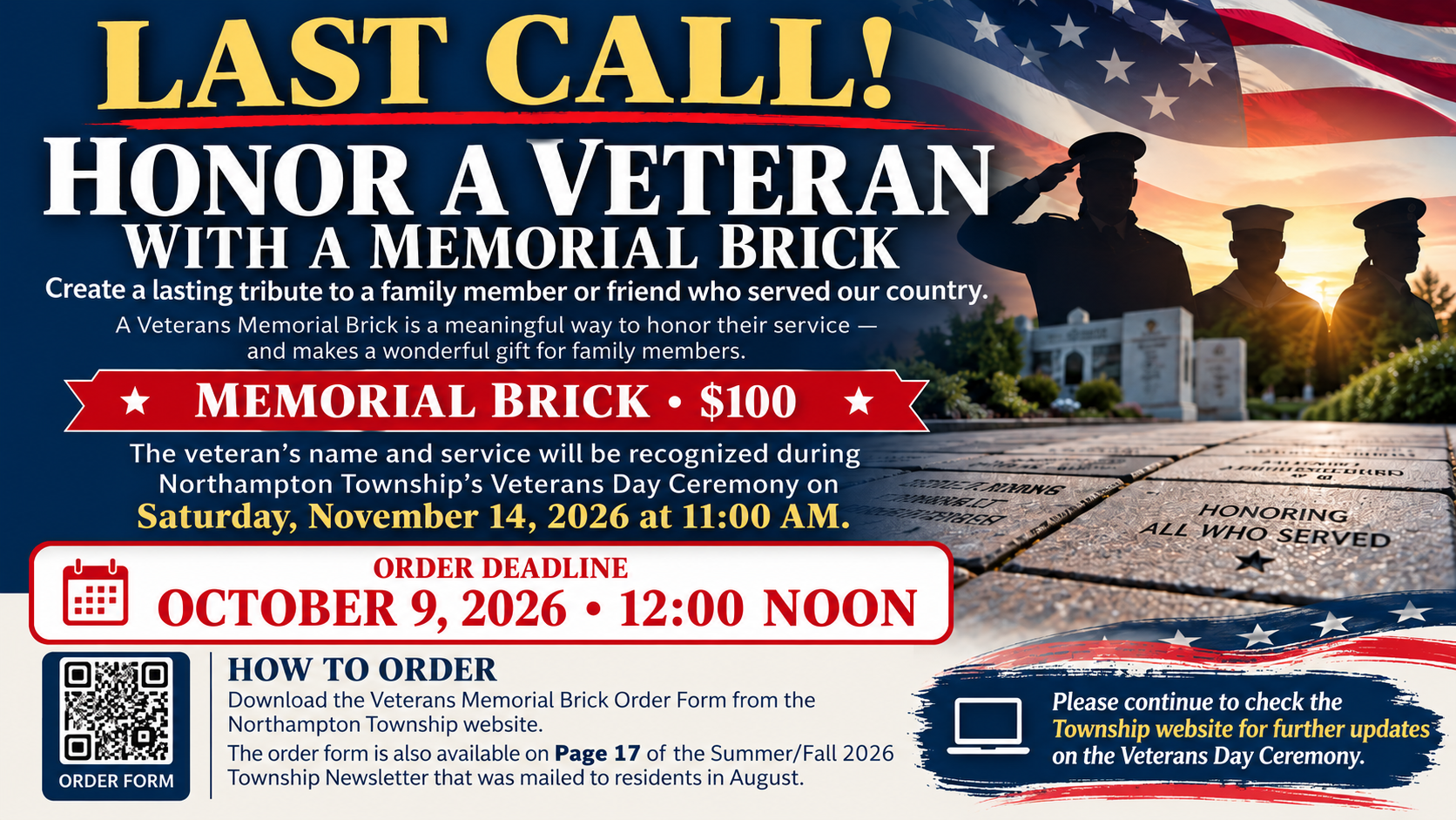Last Call to Order a Veterans Memorial Brick