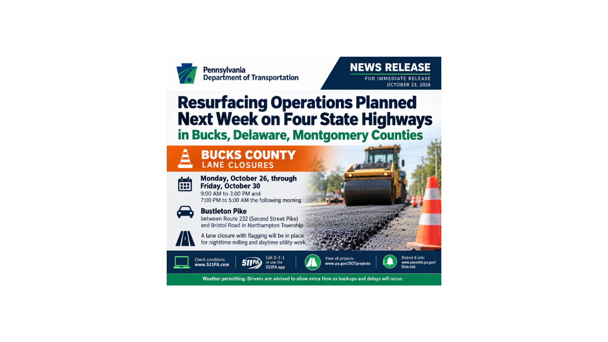 PennDot Lane Closures Planned on Bustleton Pike Oct 26-30